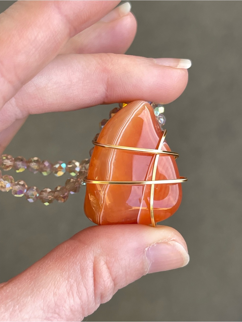 Orange Carnelian Gold Tone Wire Wrapped Necklace Champagne Glass Beads
